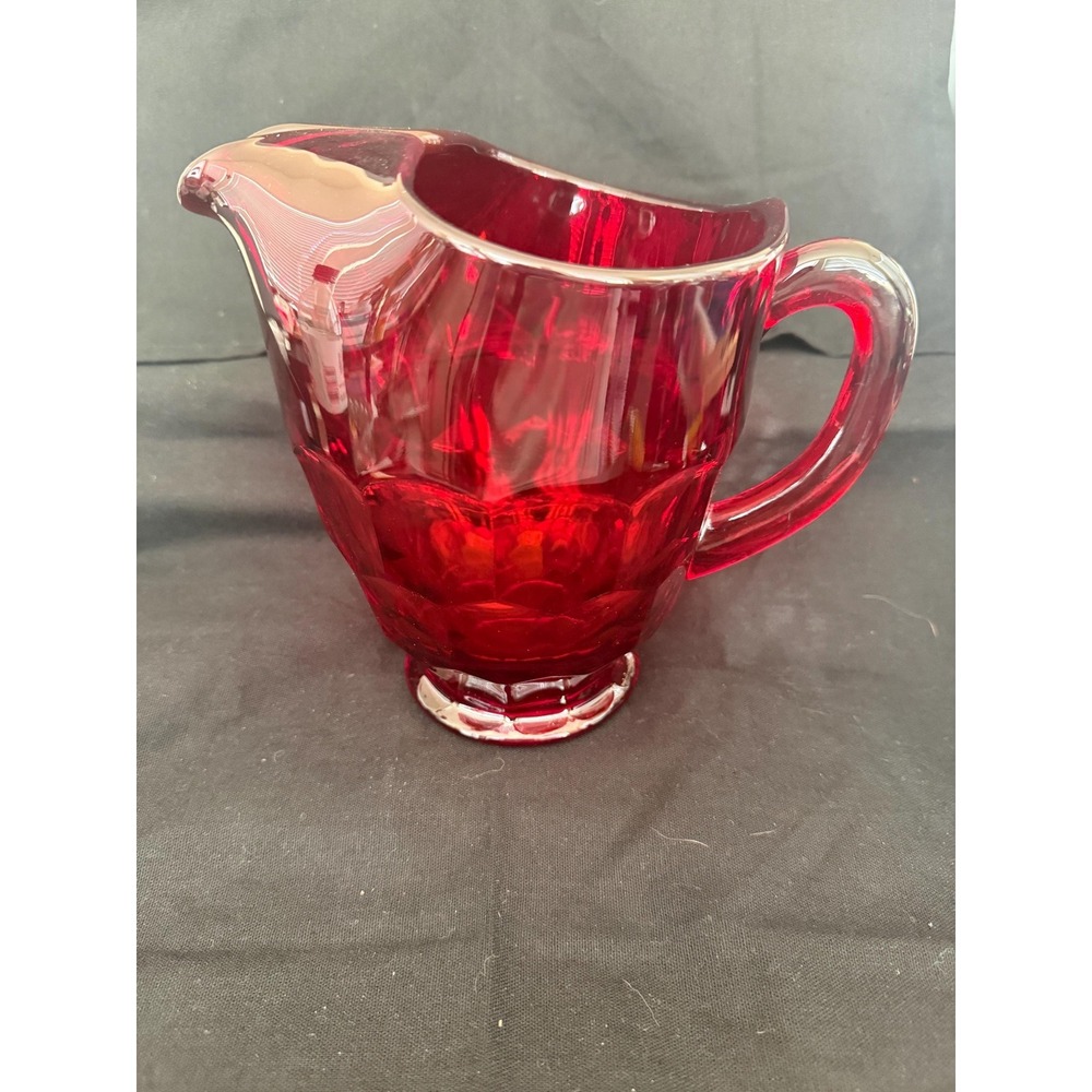 Red Glass Pitcher Ruby Pressed Glass Glossy 6 in with Handle Solid Round